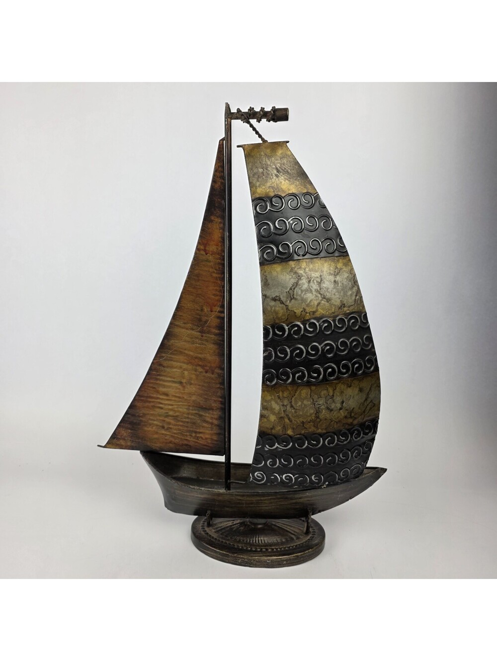 22.5” Tin Metal Art Tall Sailboat Brown/Beige Tabletop Piece Nautical Decor